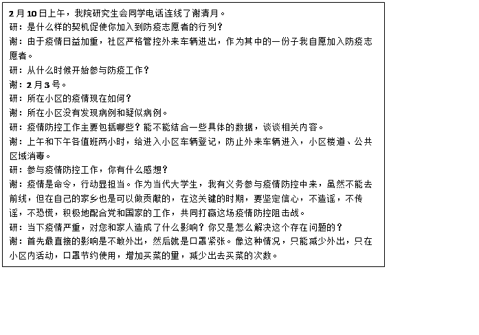 文本框: 2月10日上午，麻豆在线
研究生会同学电话连线了谢清月。研：是什么样的契机促使你加入到防疫志愿者的行列？谢：由于疫情日益加重，社区严格管控外来车辆进出，作为其中的一份子我自愿加入防疫志愿者。研：从什么时候开始参与防疫工作？谢：2月3号。研：所在小区的疫情现在如何？谢：所在小区没有发现病例和疑似病例。研：疫情防控工作主要包括哪些？能不能结合一些具体的数据，谈谈相关内容。谢：上午和下午各值班两小时，给进入小区车辆登记，防止外来车辆进入，小区楼道、公共区域消毒。研：参与疫情防控工作，你有什么感想？谢：疫情是命令，行动显担当。作为当代大学生，我有义务参与疫情防控中来，虽然不能去前线，但在自己的家乡也是可以做贡献的，在这关键的时期，要坚定信心，不造谣，不传谣，不恐慌，积极地配合党和国家的工作，共同打赢这场疫情防控阻击战。研：当下疫情严重，对您和家人造成了什么影响？你又是怎么解决这个存在问题的？谢：首先最直接的影响是不敢外出，然后就是口罩紧张。像这种情况，只能减少外出，只在小区内活动，口罩节约使用，增加买菜的量，减少出去买菜的次数。